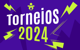 As palavras "Torneios 2024", em fundo azul, com raios verde limão e o logo do Sindicato