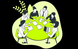 Imagem em desenho omstra pessoas reunidas em torno de uma mesa redonda. A imagem tem fundo preto e o desenho da mesa e das pessoas é na cor verde