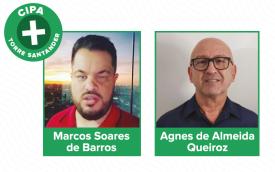 Fotos dos candidatos apoiados pelo Sindicato nas eleições para a Cipa da Torre Santander: Marcos Soares de Barros e Agnes de Almeida Queiroz