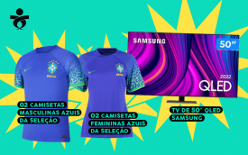 Imagem dos prêmios da campanha de associação: camisa masculina da seleção; camisa feminina da seleção; TV 50 polegadas