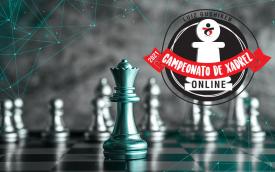 Imagem de um tabuleiro de xadrez, acompanhada do logo do Circuito de Xadrez Online do Sindicato dos Bancários - Luiz Gushiken