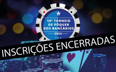 Logotipo do torneio de poker dos bancários, sobreposto com uma tarja com a frase "inscrições encerradas"
