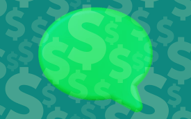 Imagem de um balão de fala, com um fundo verde com cifrões de dinheiro