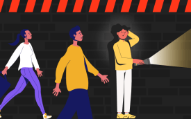 Ilustração de três pessoas confusas caminhando no escuro