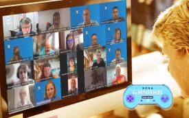 Arte com a imagem da negociação virtual que mostra os rostos dos integrantes da comissão executiva dos empregados da caixa, dentro de uma tela de computador