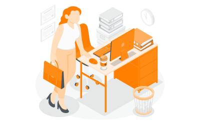 Imagem em desenho mostra uma mulher segurando uma pasta ao lado de uma mesa de trabalho. A imagem é predominantemente na cor laranja