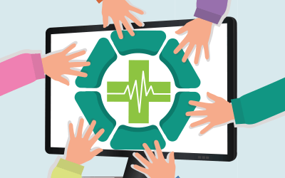 Arte: Freepik Arte com uma cruz representando saúde no centro e mãos ao redor