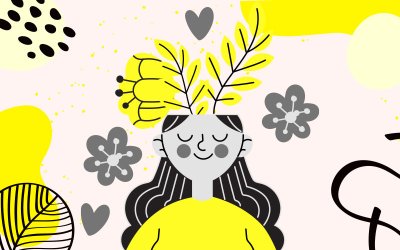 Imagem em desenho, em amarelo, mostra uma planta nascendo de dentro da cabeça de uma mulher