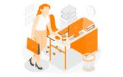 Imagem em desenho mostra uma mulher segurando uma pasta ao lado de uma mesa de trabalho. A imagem é predominantemente na cor laranja